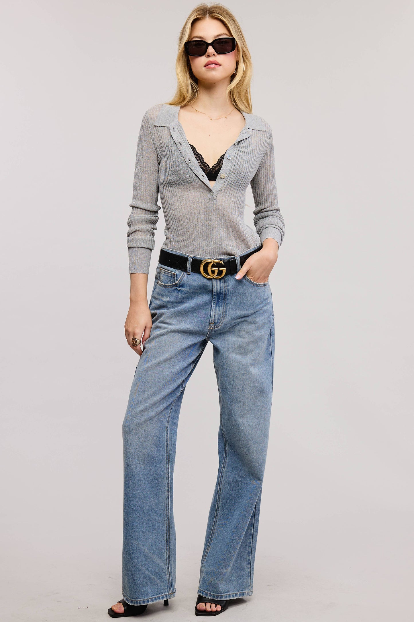 Sheer Knit Top with Contrast Buttoned Collar