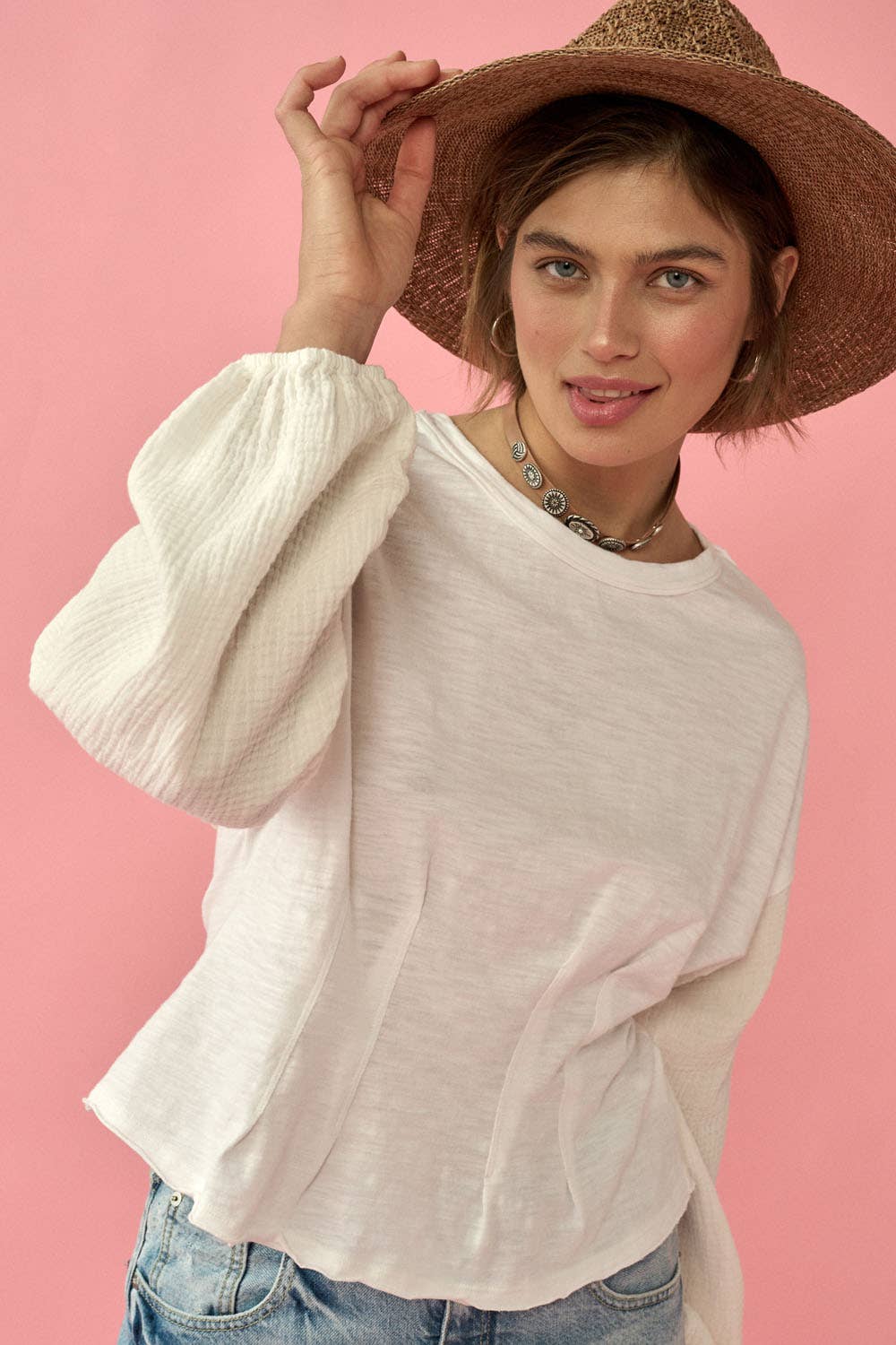 Mineral Wash Smocked Sleeves Knit T-Shirt
