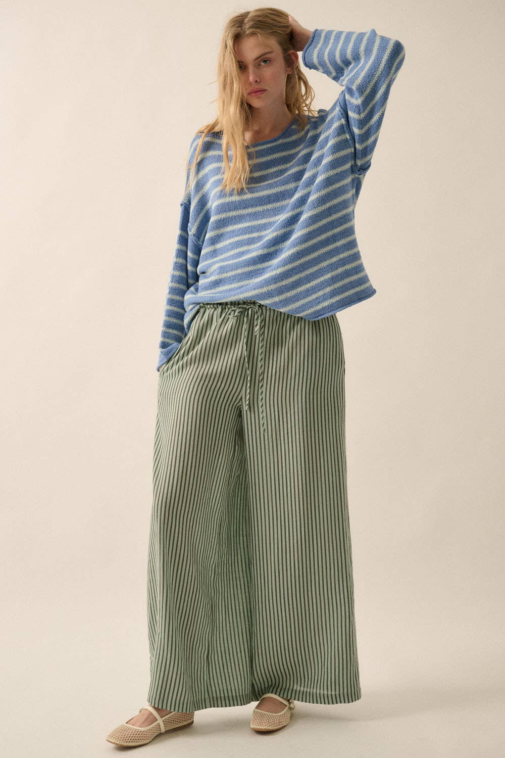 Stripe-Print Woven Wide-Leg Drawstring Pants
