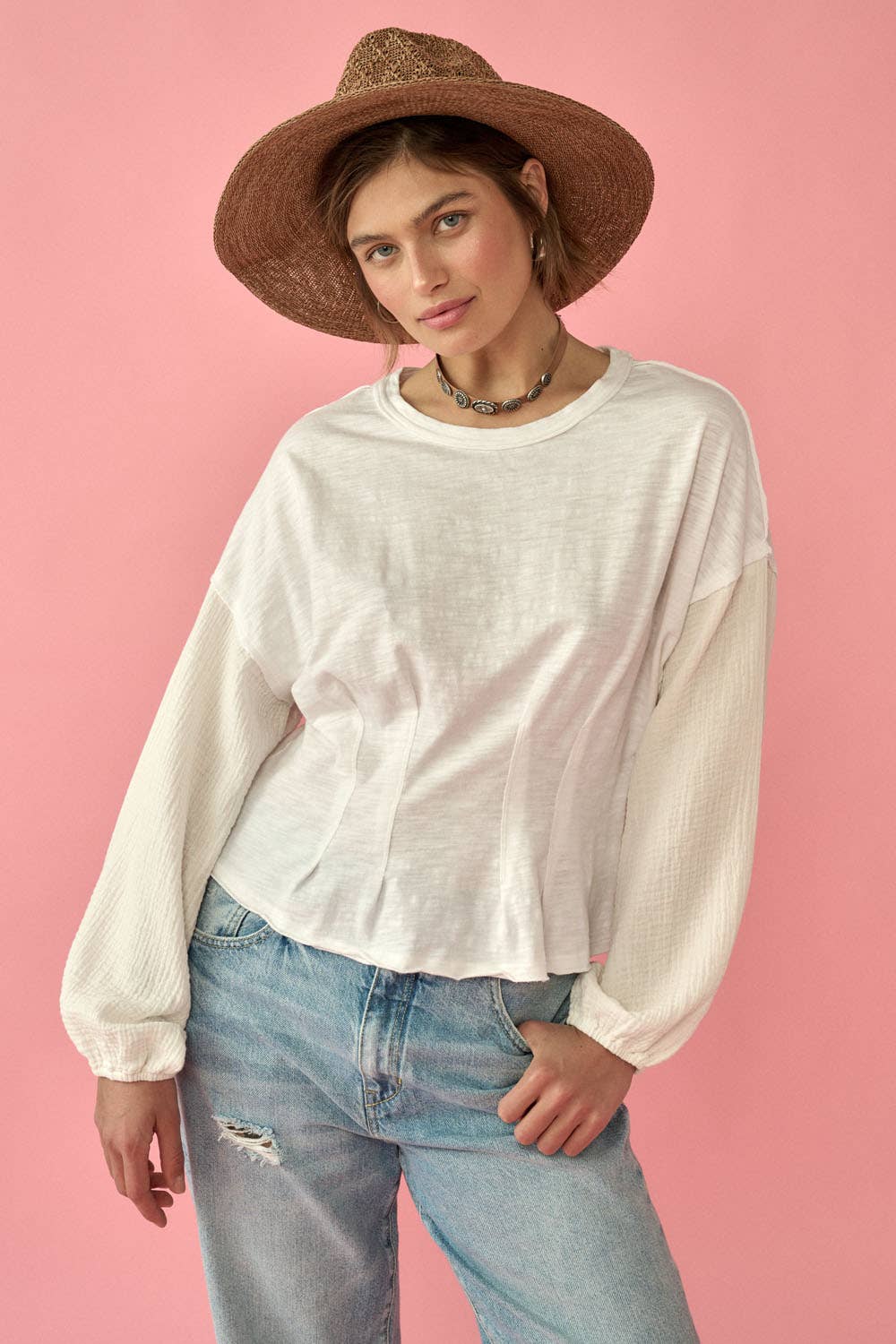 Mineral Wash Smocked Sleeves Knit T-Shirt