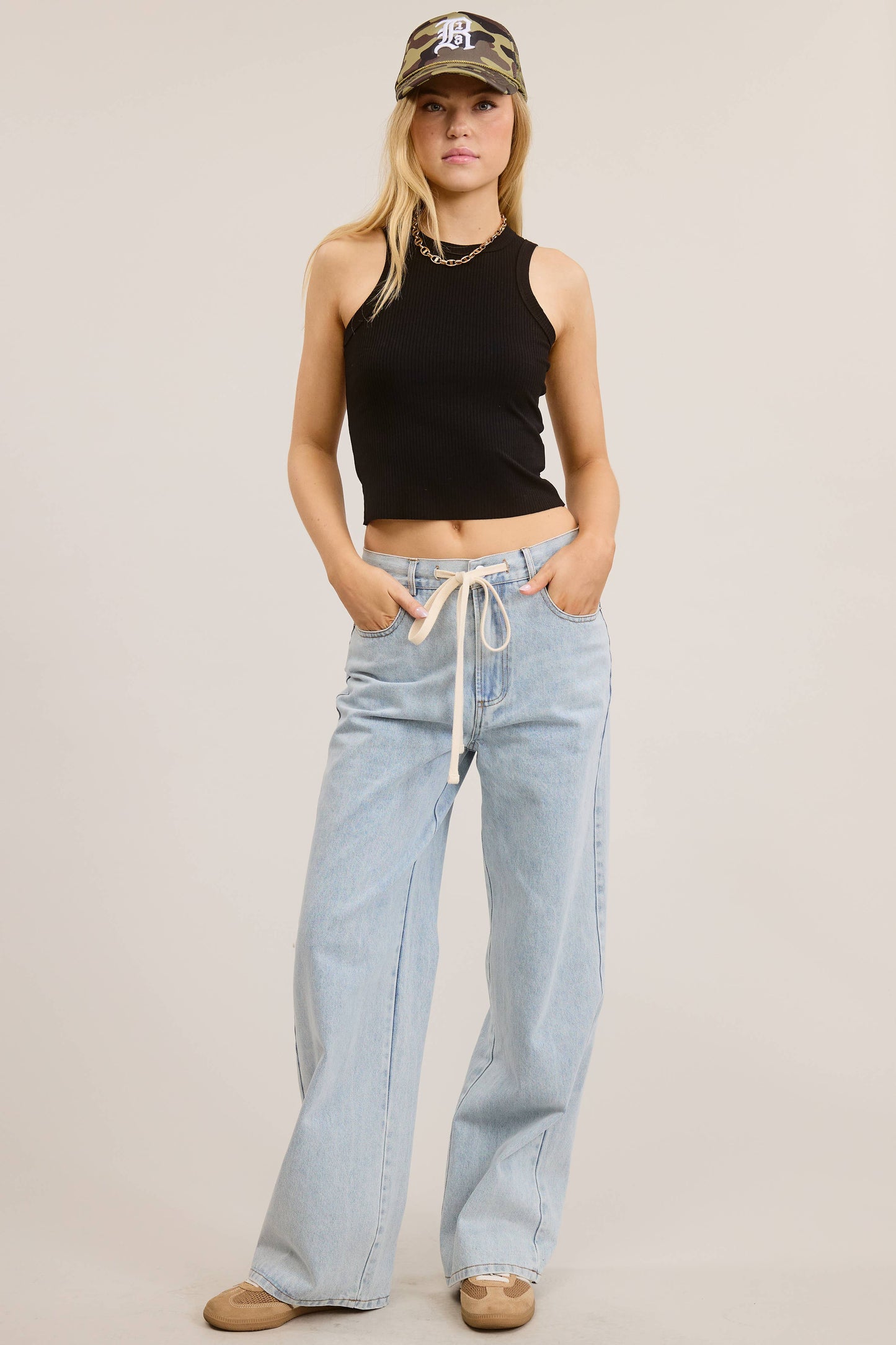 Waist String Detail Lightwash Straight Denim Pants
