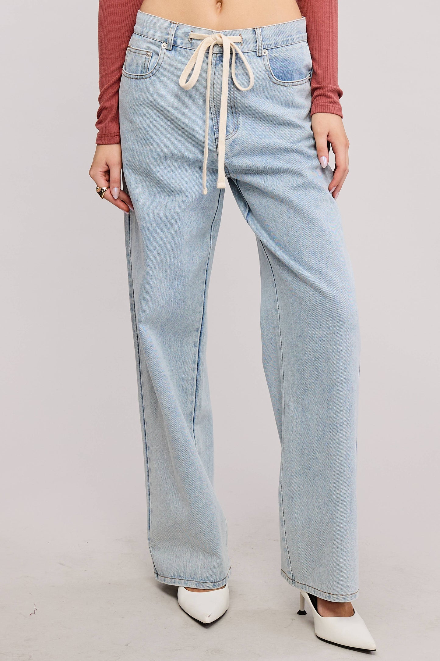 Waist String Detail Lightwash Straight Denim Pants