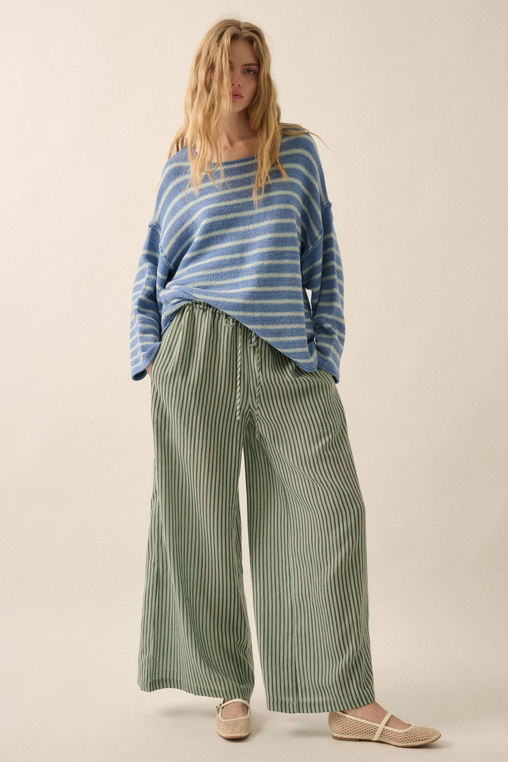 Stripe-Print Woven Wide-Leg Drawstring Pants