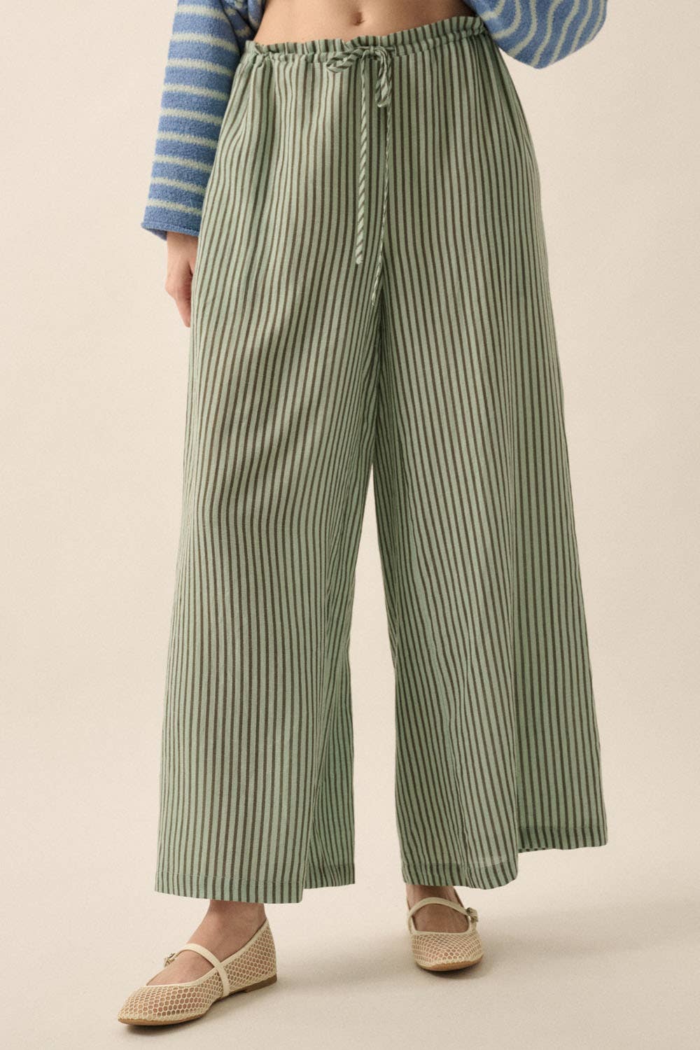 Stripe-Print Woven Wide-Leg Drawstring Pants