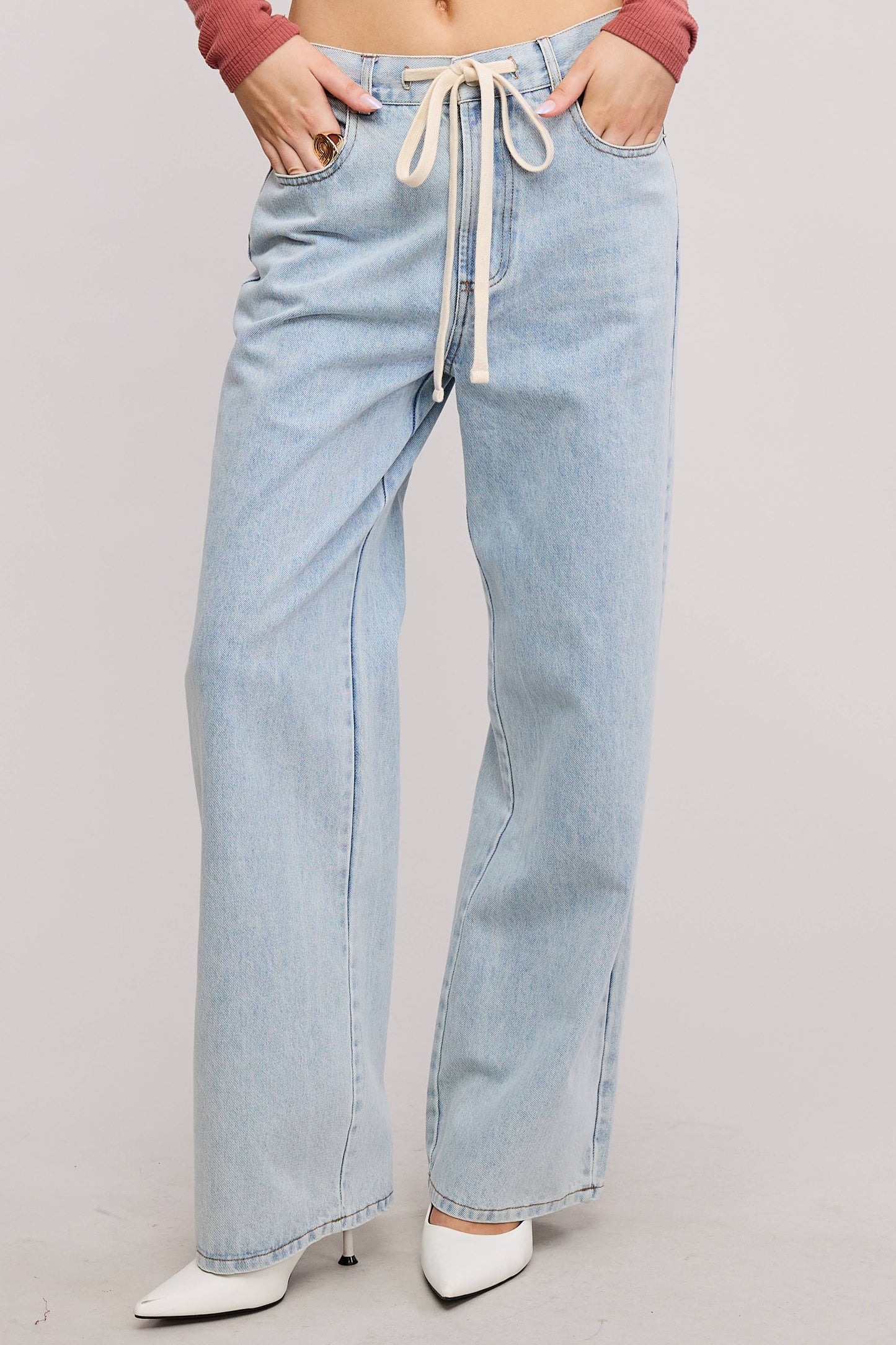 Waist String Detail Lightwash Straight Denim Pants