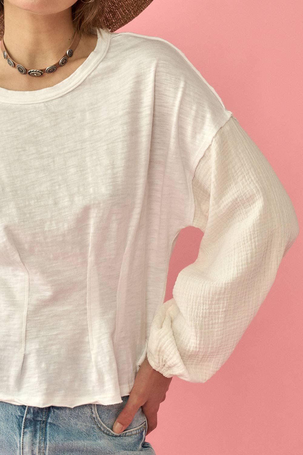 Mineral Wash Smocked Sleeves Knit T-Shirt