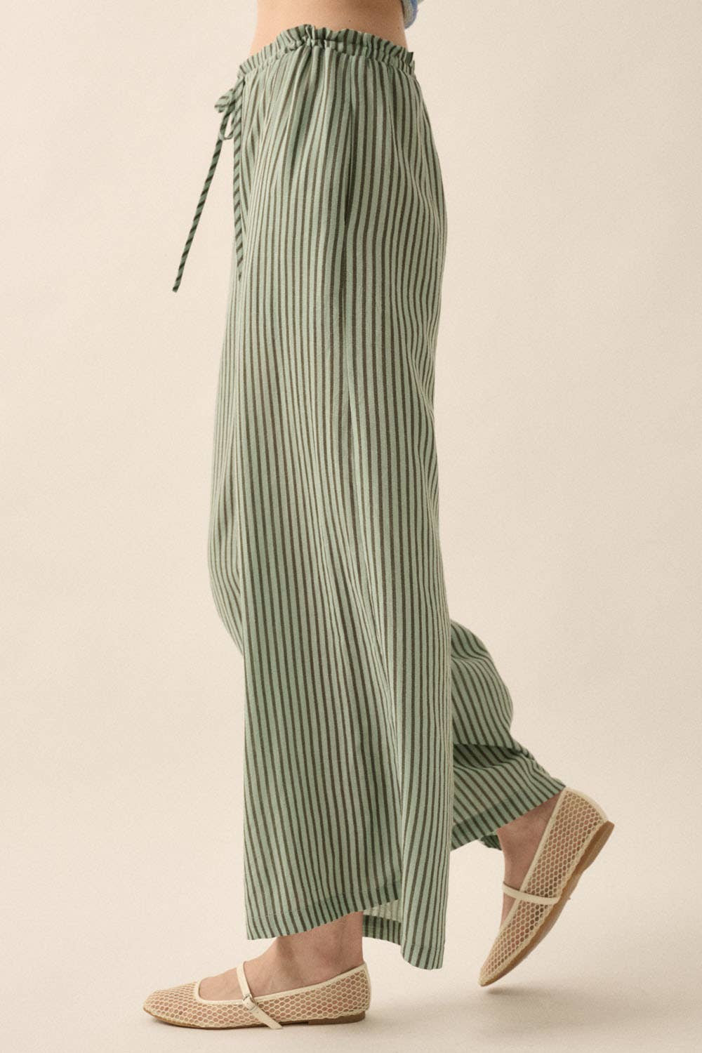 Stripe-Print Woven Wide-Leg Drawstring Pants