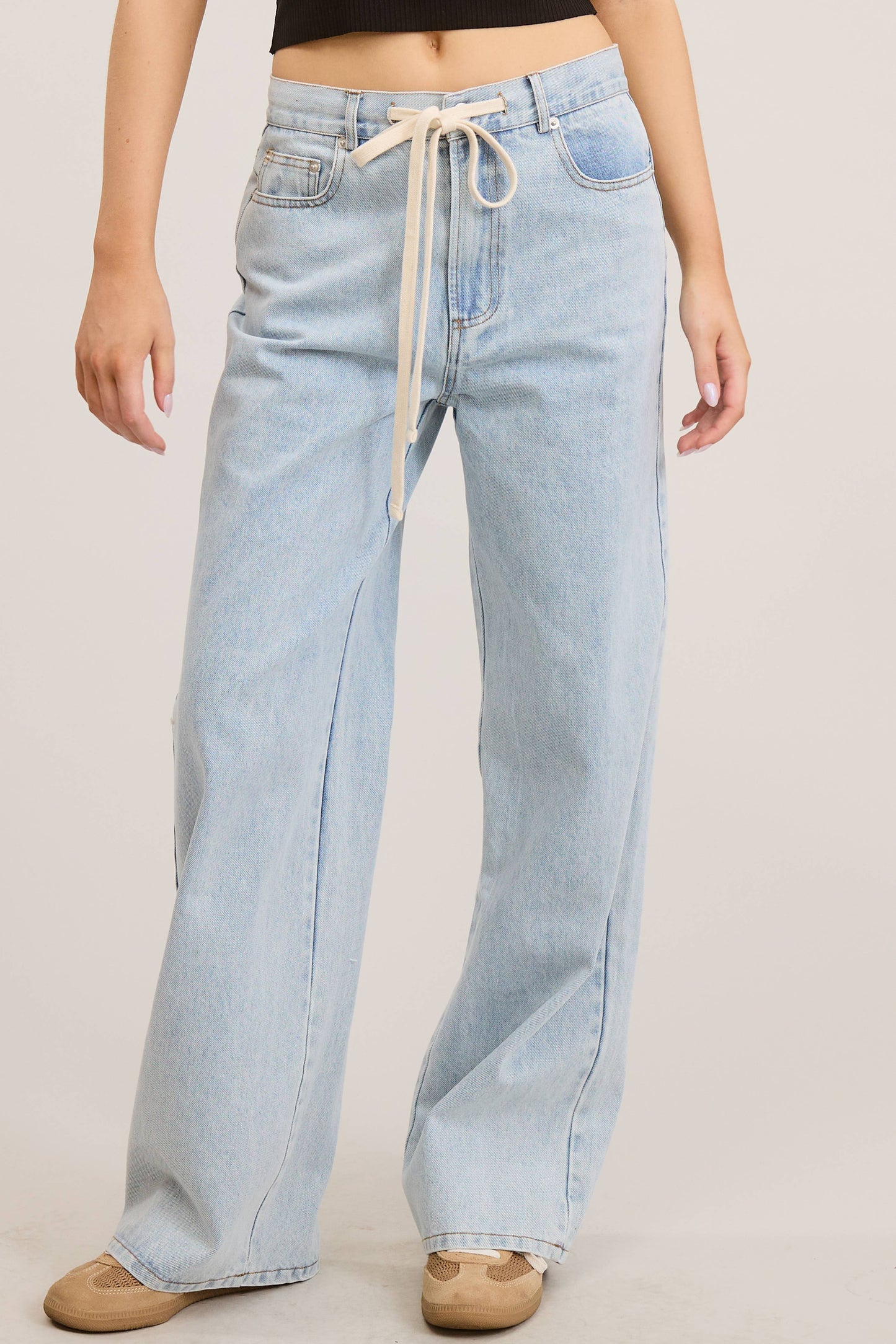 Waist String Detail Lightwash Straight Denim Pants