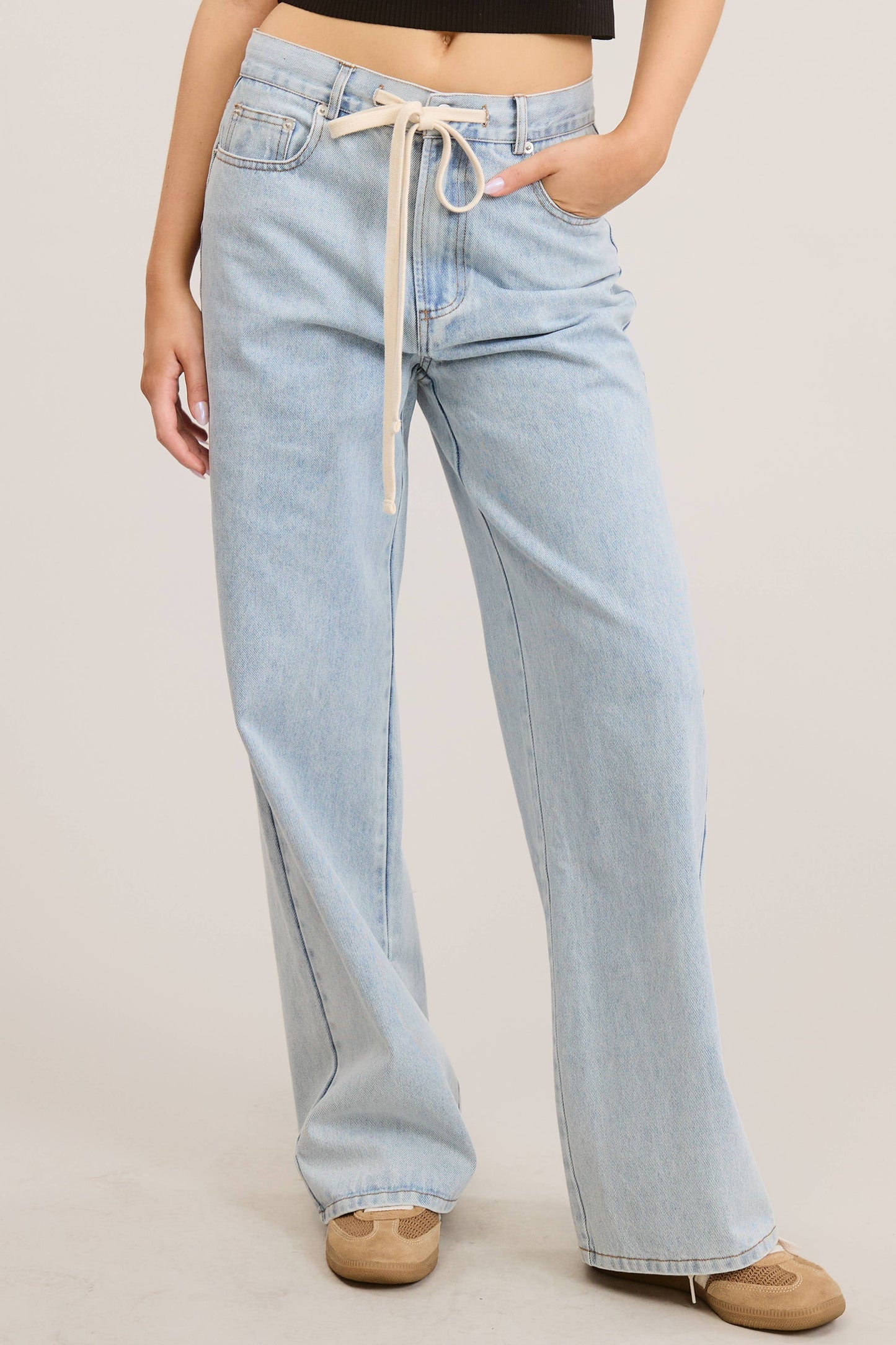 Waist String Detail Lightwash Straight Denim Pants