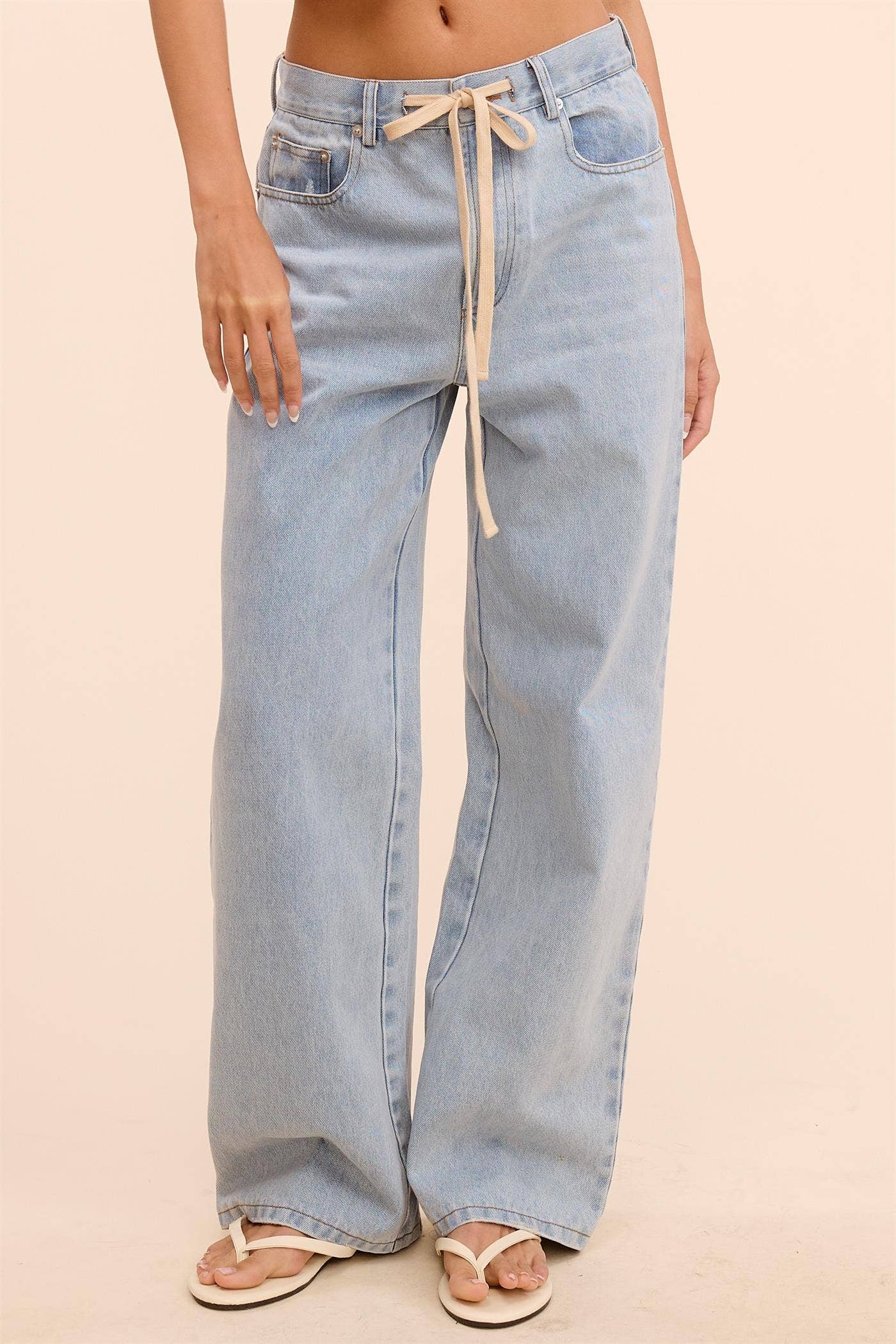 Waist String Detail Lightwash Straight Denim Pants