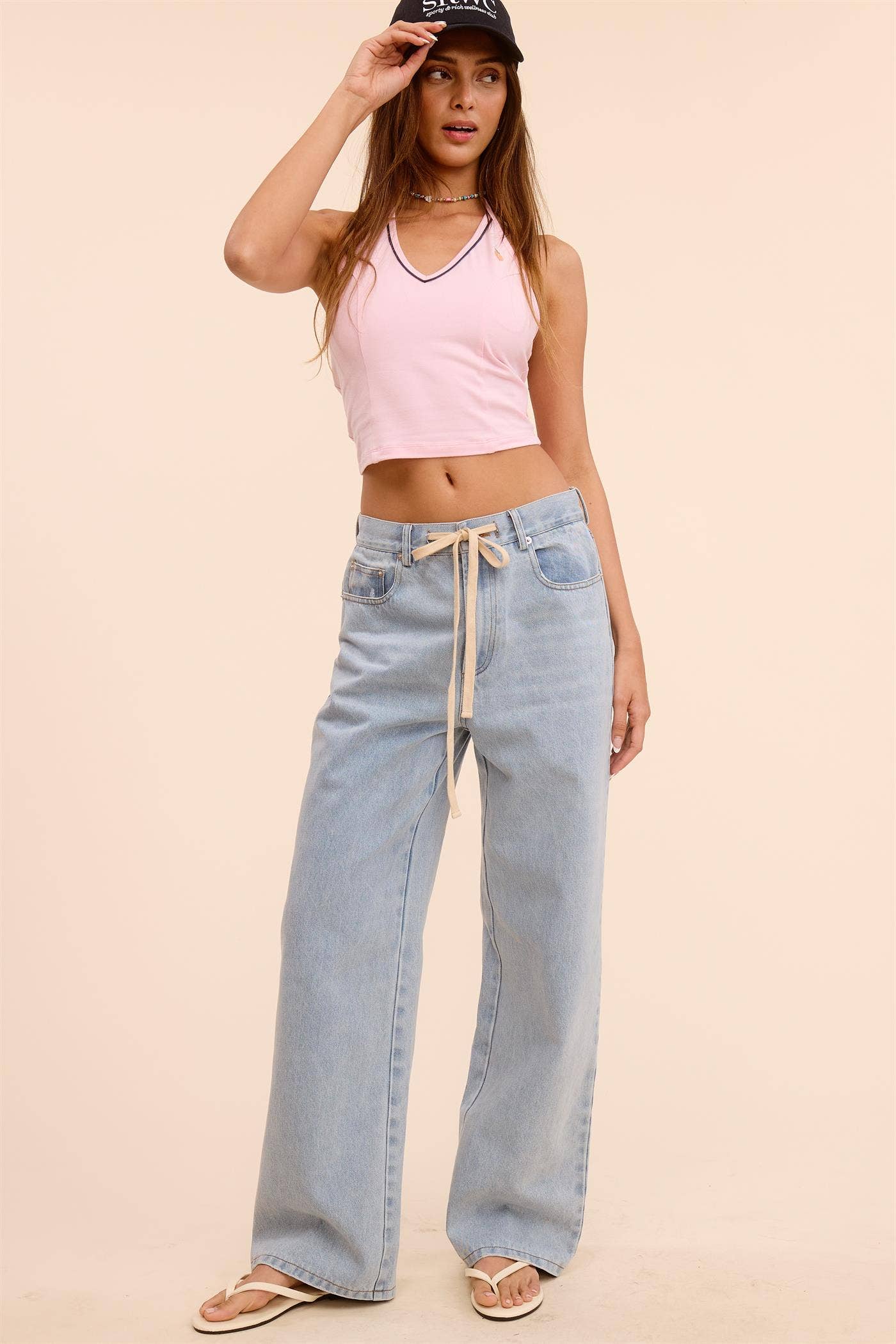 Waist String Detail Lightwash Straight Denim Pants
