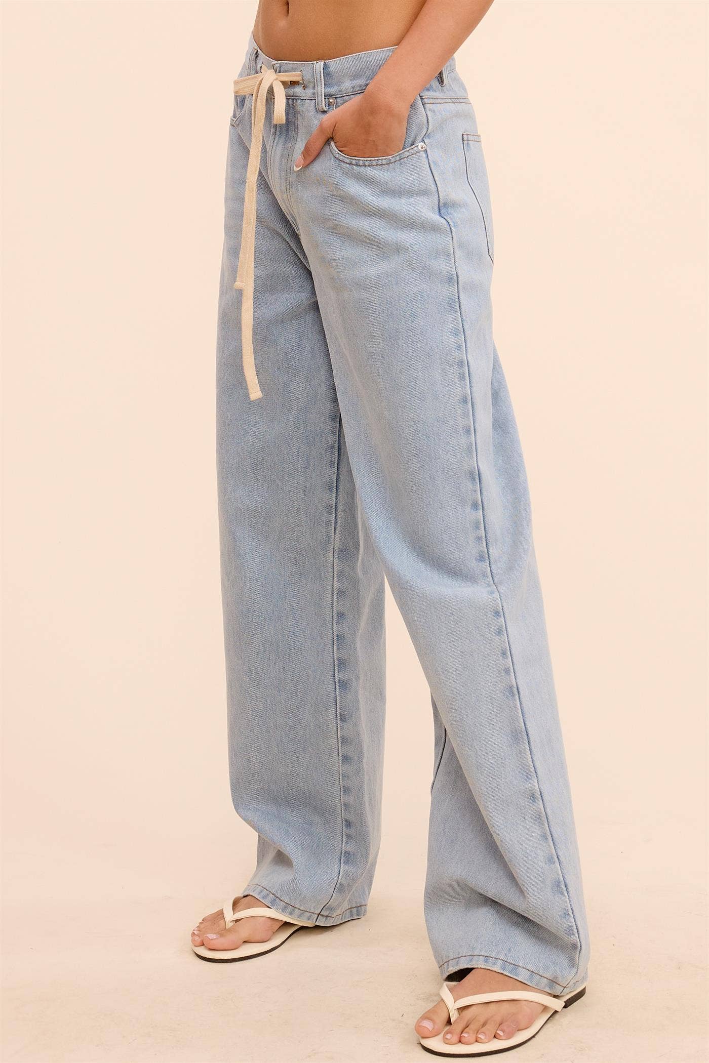 Waist String Detail Lightwash Straight Denim Pants