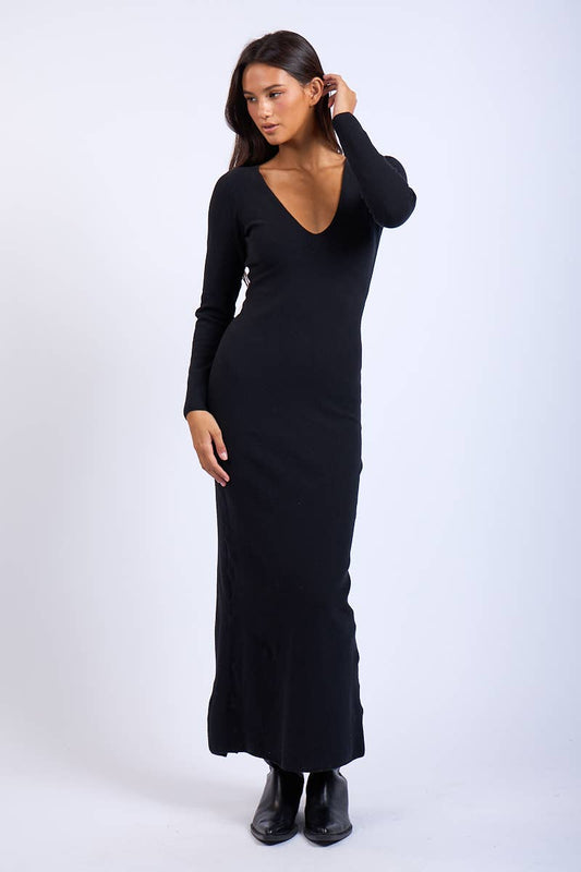 Black Knit Midi Dress – Long Sleeve V-Neck with Back Slit