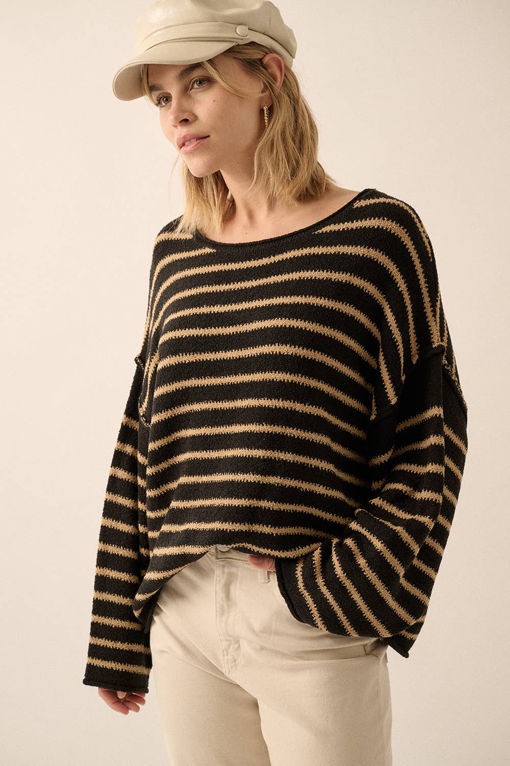 Striped Textured Knit Oversized Sweater