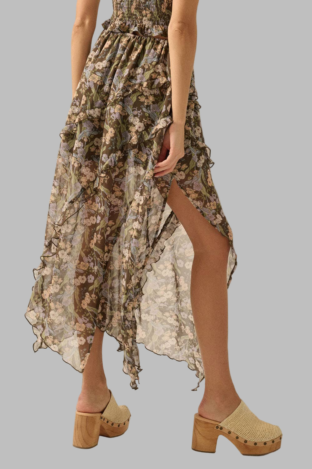 Asymmetrical Tiered Ruffle Chiffon Midi Skirt