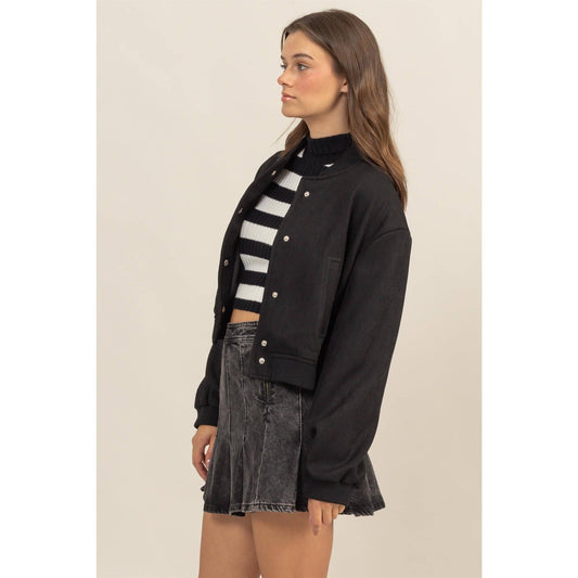 Button-Up Bomber Jacket With Ribbed Cuffs