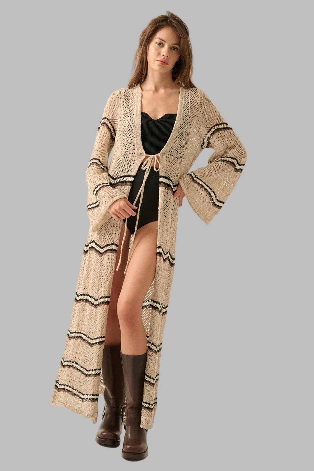 Striped Crochet Knit Duster Kimono Cardigan