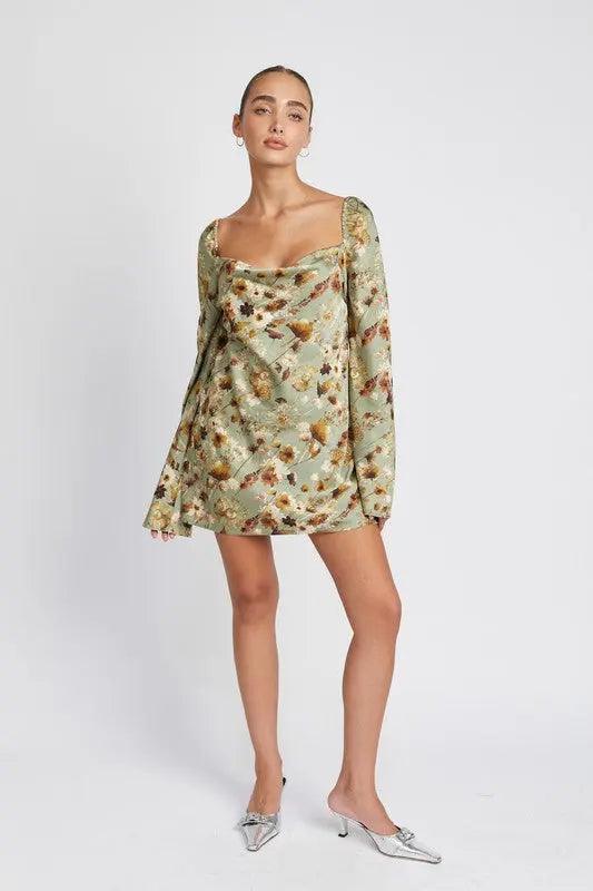 FLORAL LONG SLEEVE MINI DRESS WITH OPEN BACK - Sneaky Kiki’s