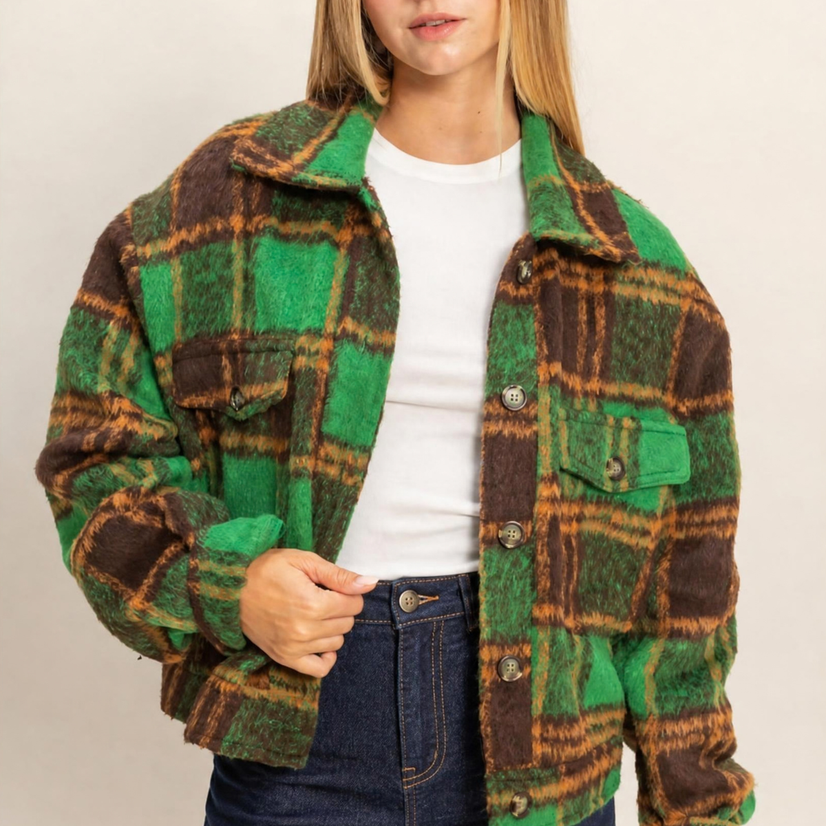 Fuzzy Mohair-Like Plaid Jacket