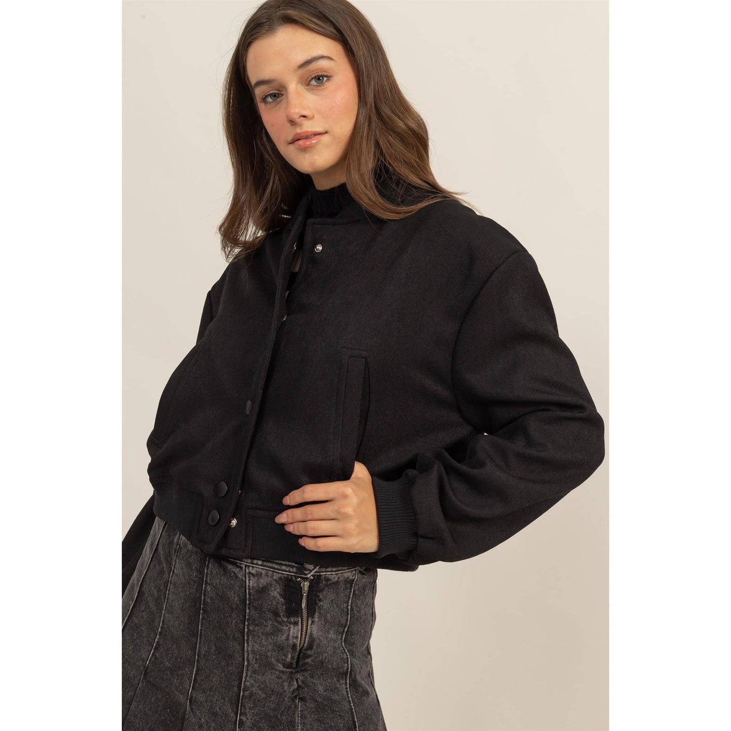 Button-Up Bomber Jacket With Ribbed Cuffs