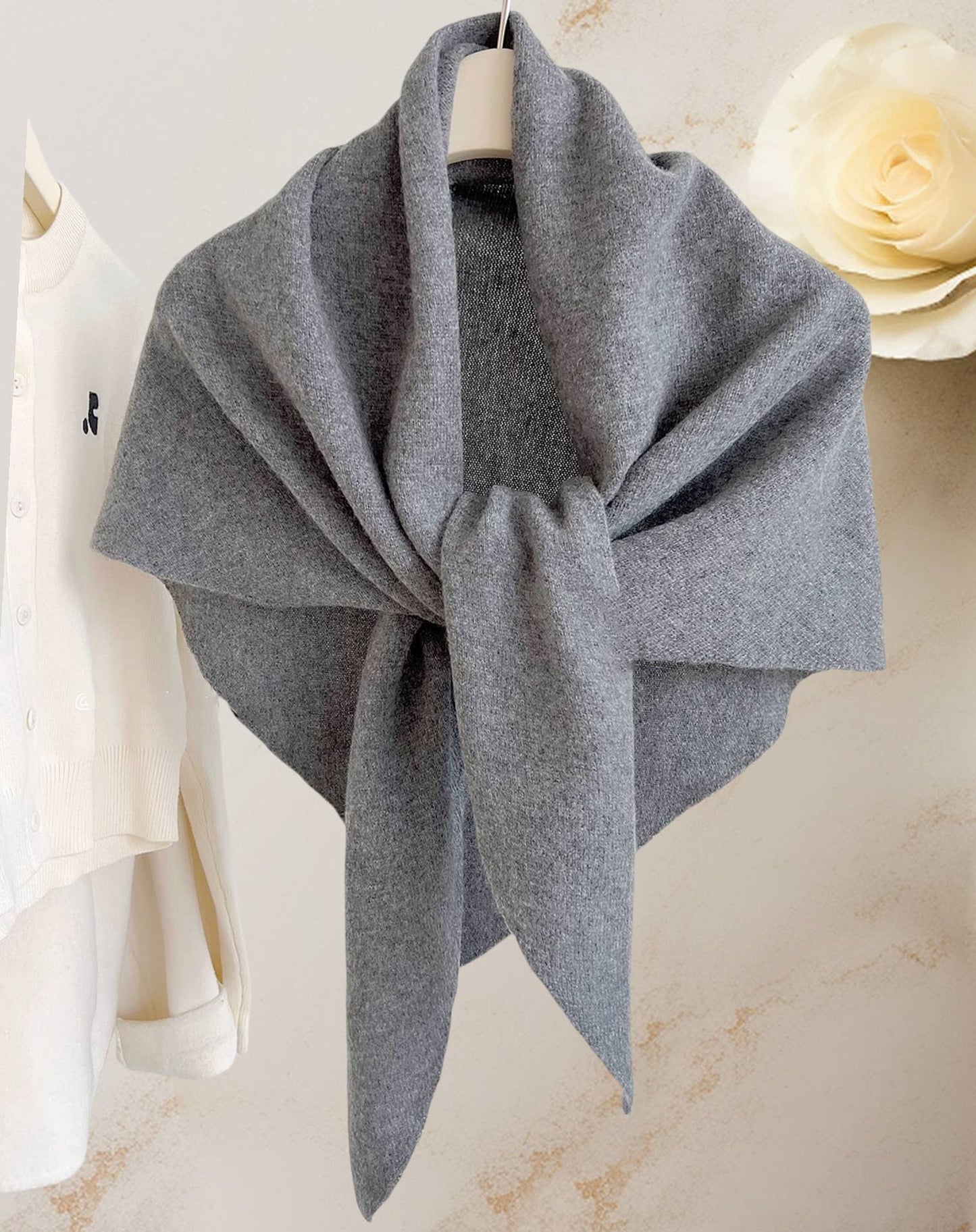 Cashmere-Blend Knit Triangle Shawl with Cross-Front Design