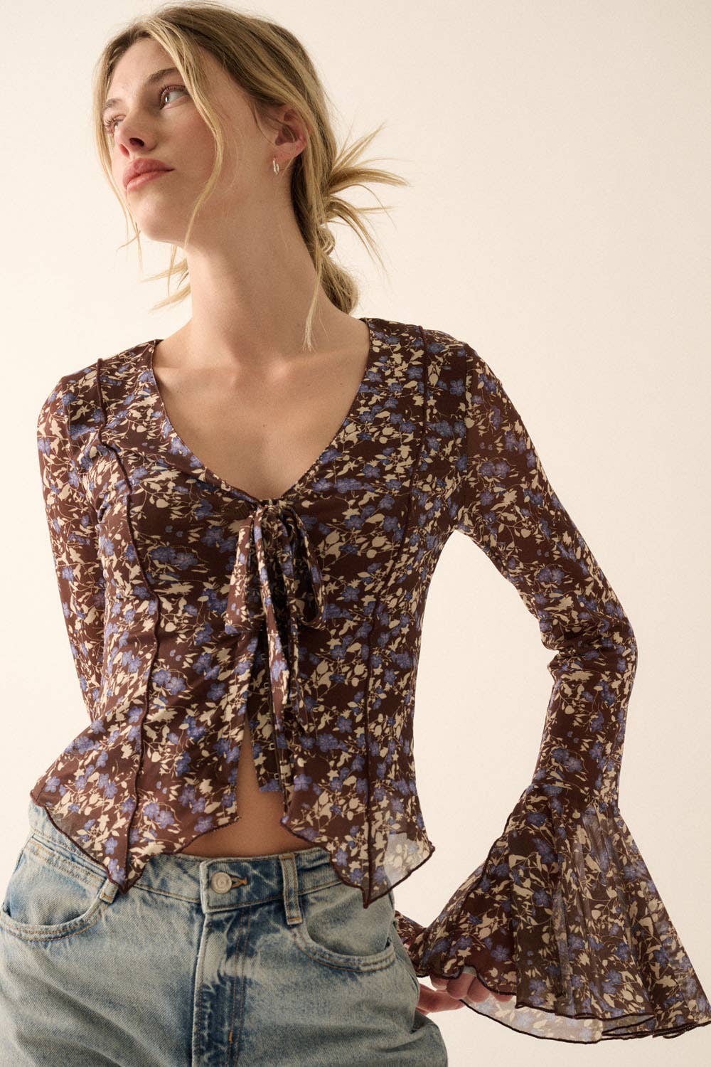 Floral Tie-Front Mesh Knit Blouse
