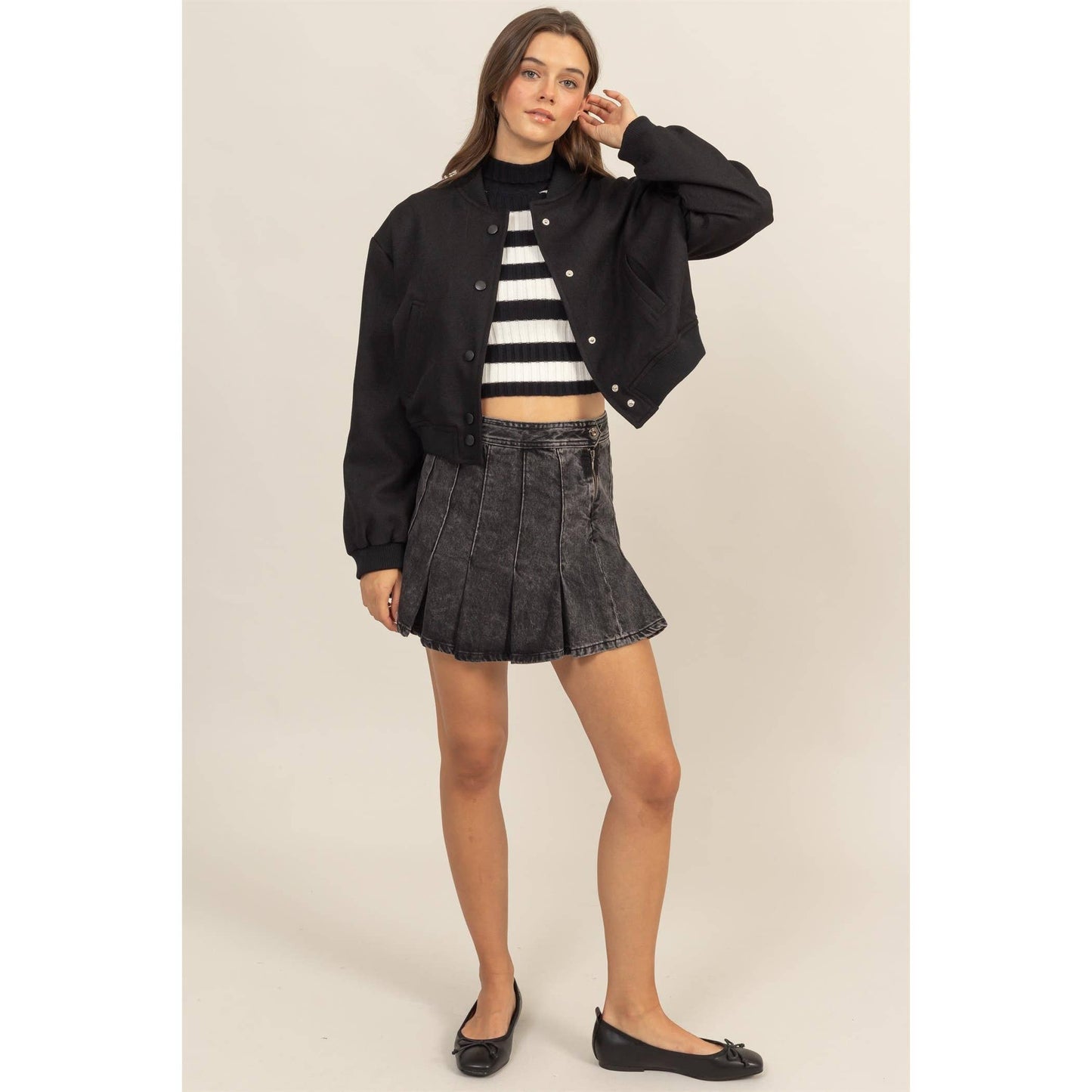 Button-Up Bomber Jacket With Ribbed Cuffs