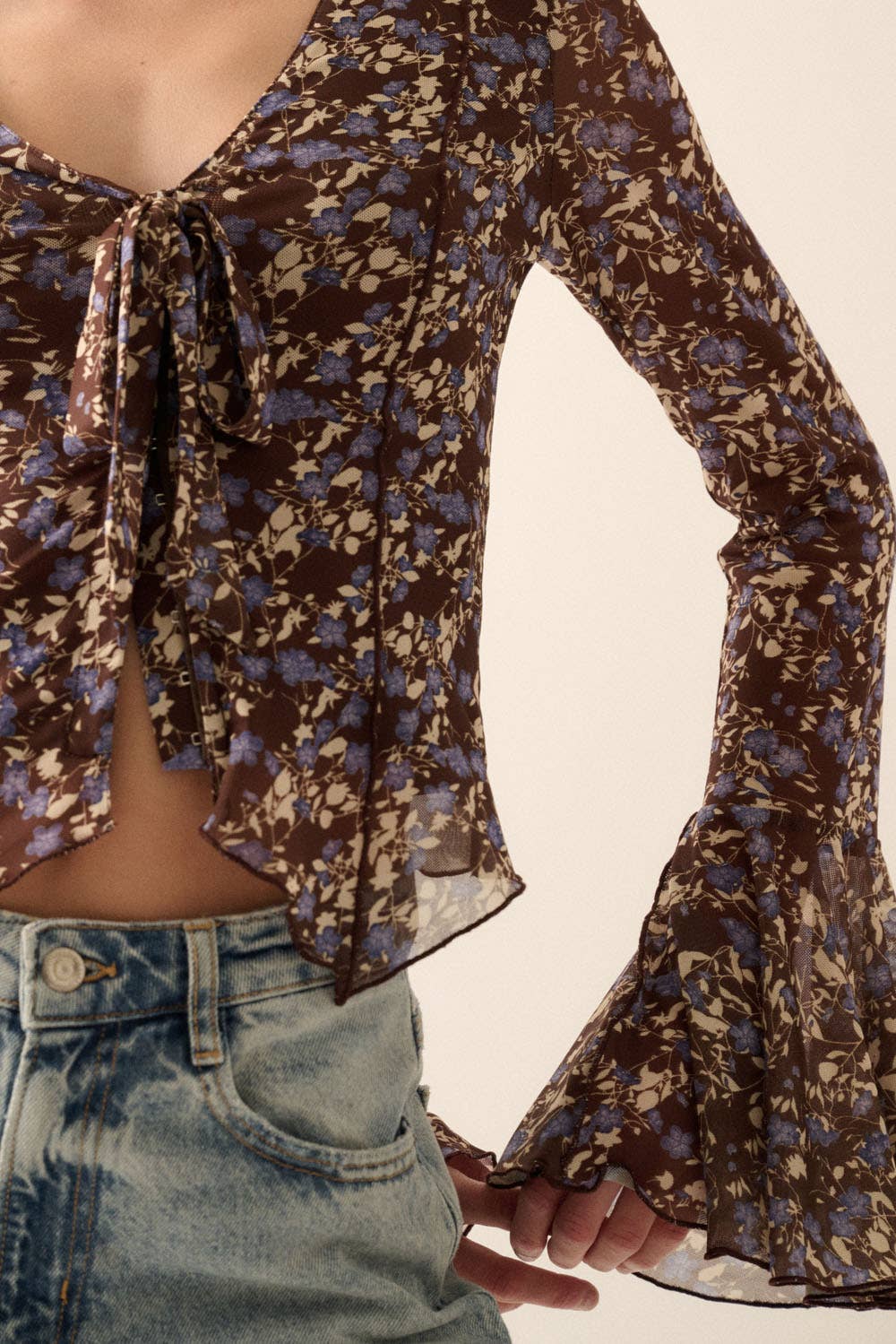 Floral Tie-Front Mesh Knit Blouse