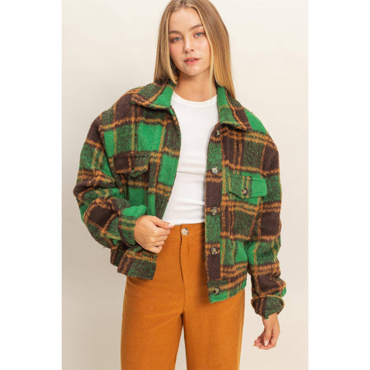 Fuzzy Mohair-Like Plaid Jacket