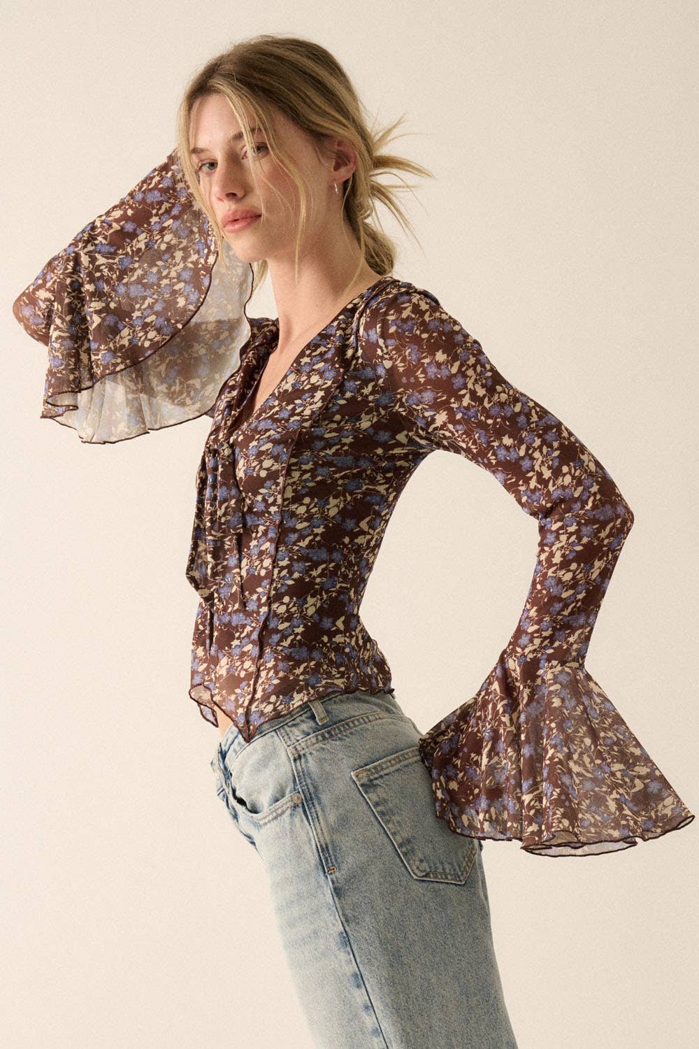 Floral Tie-Front Mesh Knit Blouse