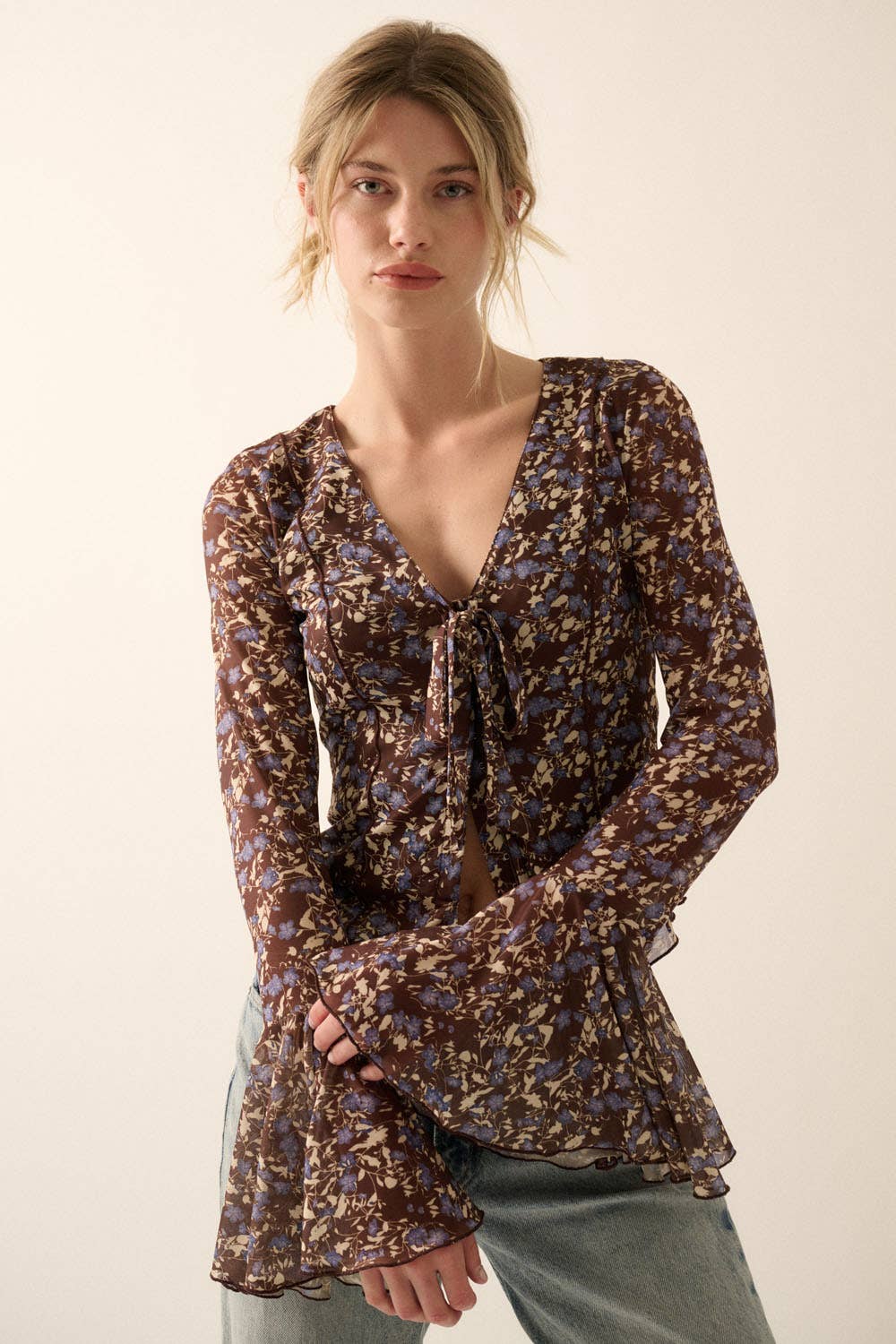 Floral Tie-Front Mesh Knit Blouse
