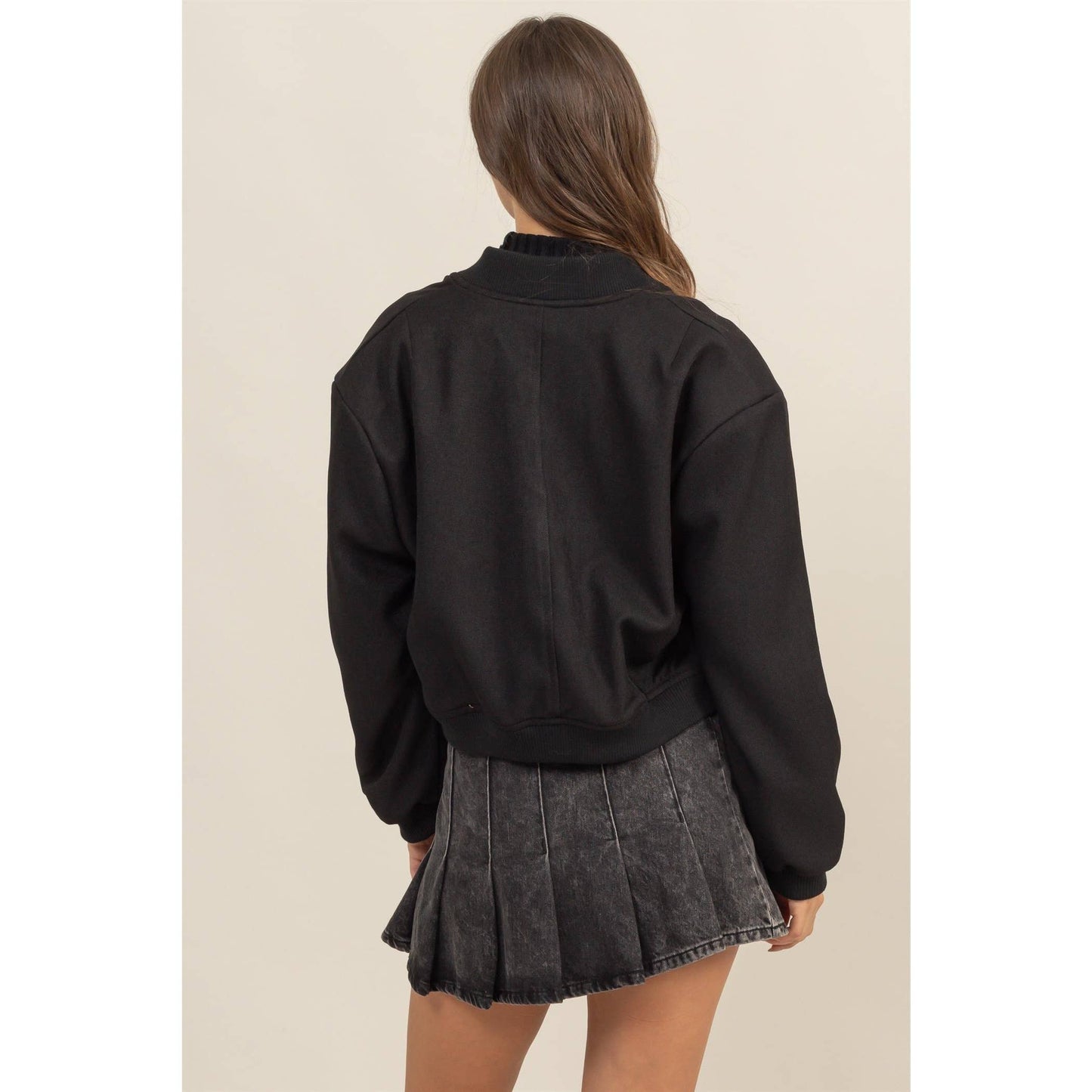 Button-Up Bomber Jacket With Ribbed Cuffs