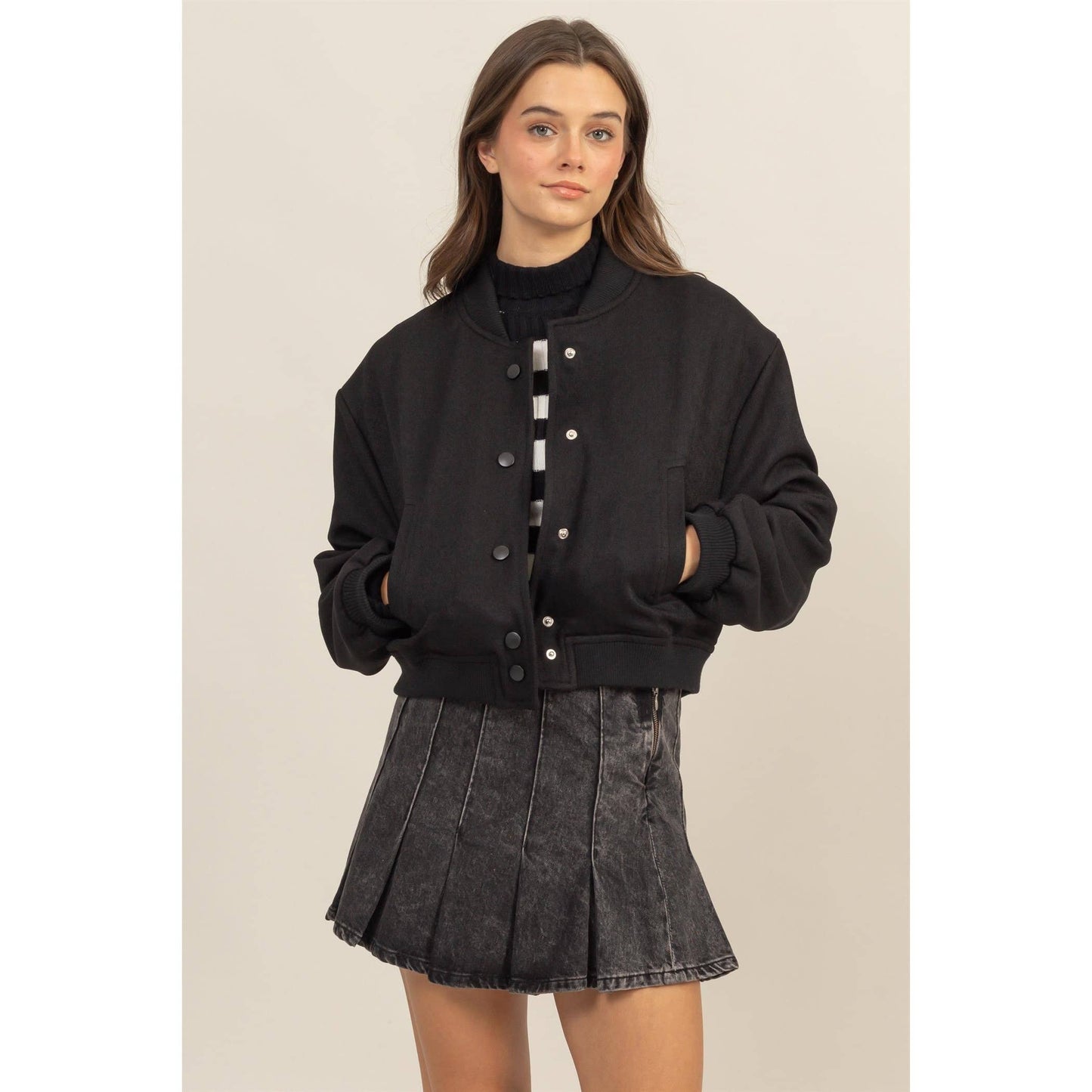 Button-Up Bomber Jacket With Ribbed Cuffs