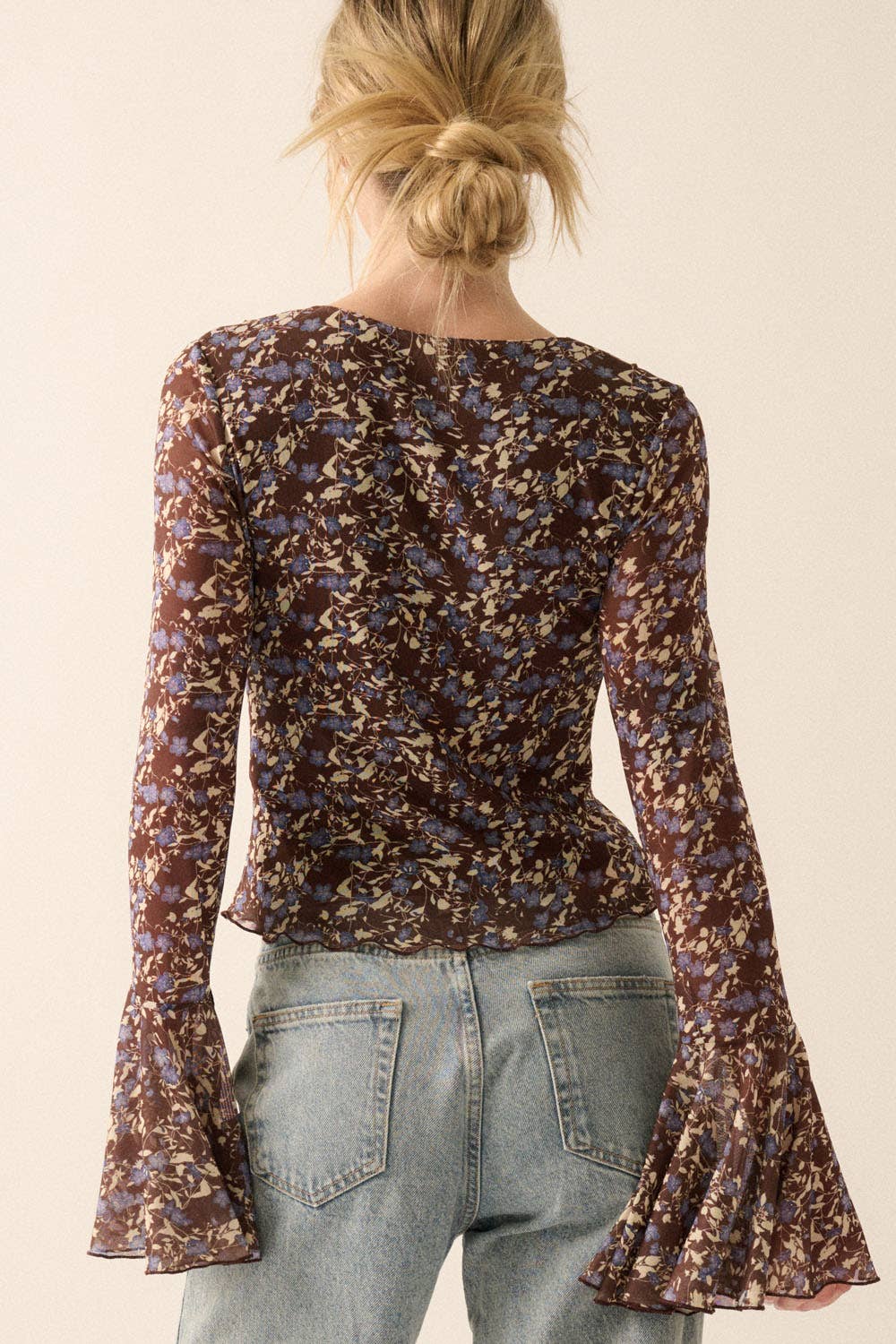 Floral Tie-Front Mesh Knit Blouse