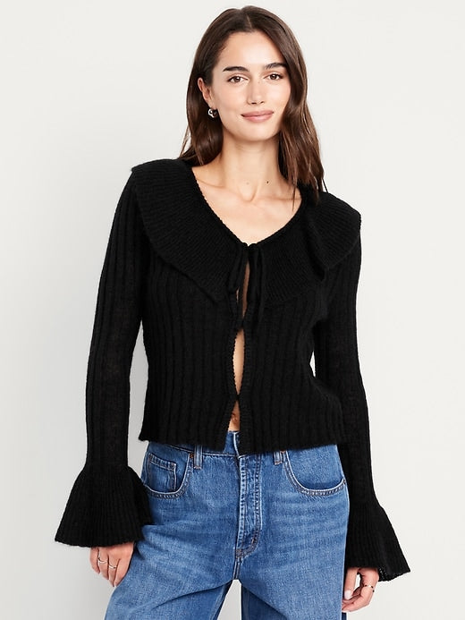 Wool-Blend Ruffle Tie-Front Cropped Cardigan