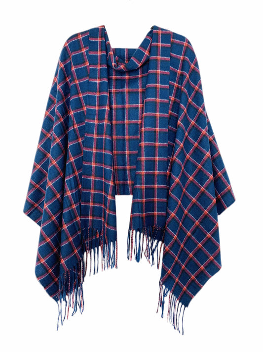 Blue and red plaid poncho with fringes on a white background