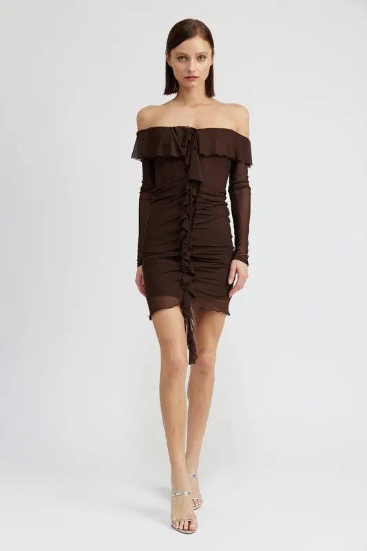 OFF SHOULDER MINI DRESS WITH RUFFLE DETAIL - Sneaky Kiki’s