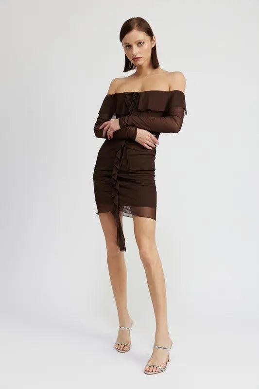 OFF SHOULDER MINI DRESS WITH RUFFLE DETAIL - Sneaky Kiki’s